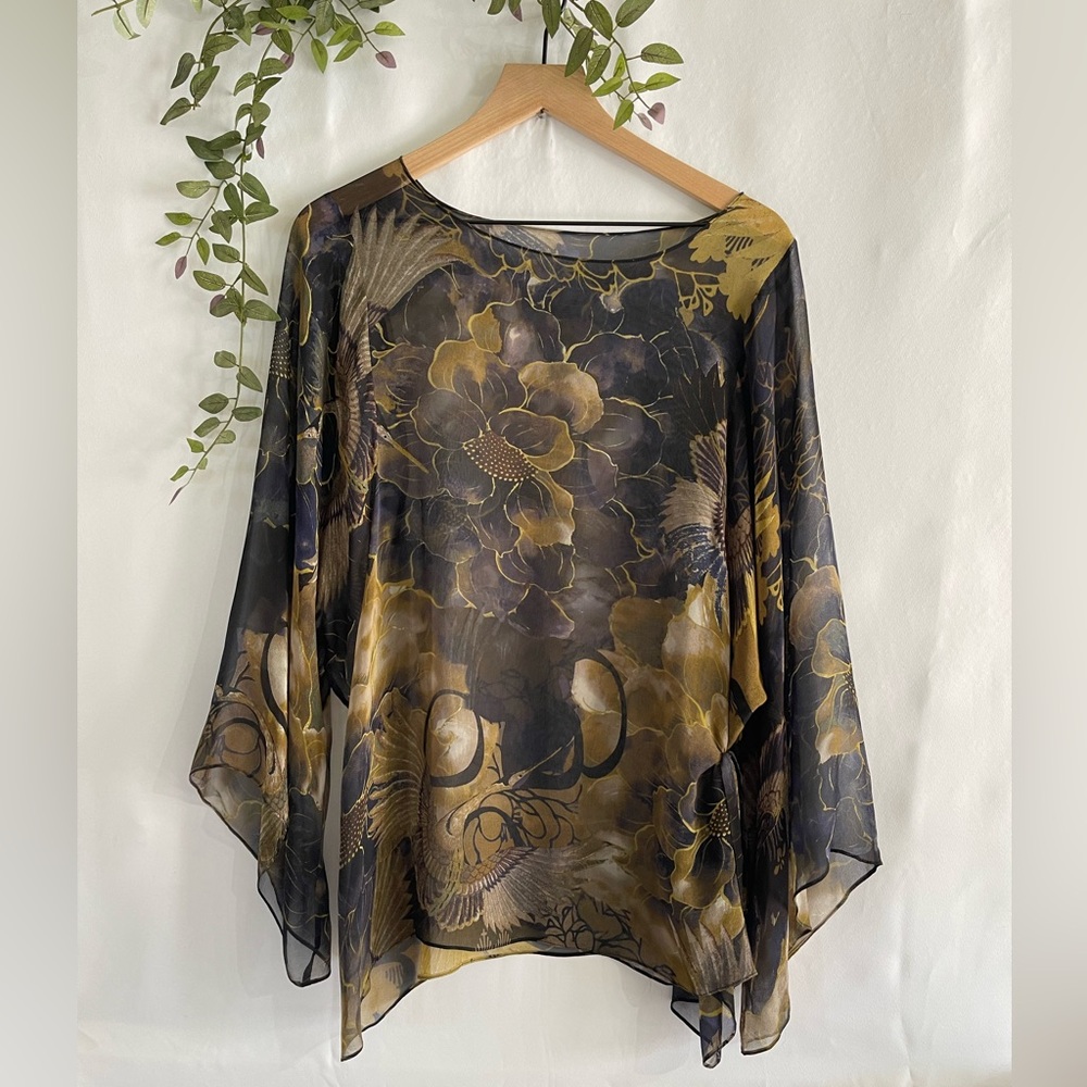 Vintage Harari 100% Silk Chiffon Top Floral Crane Print Size Large Tunic